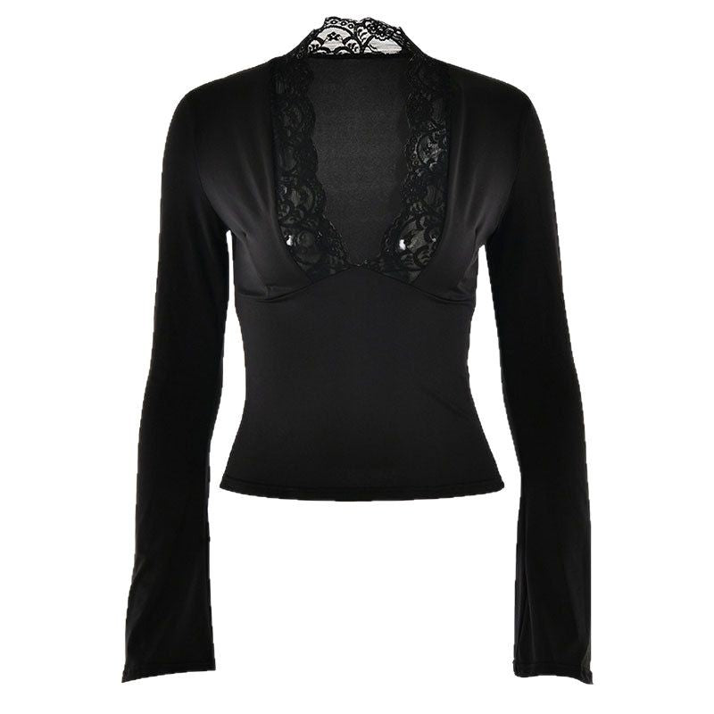 Damen Elegantes Langarm-Top mit Spitzenkragen R&B
