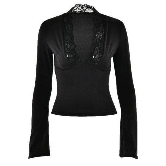 Damen Elegantes Langarm-Top mit Spitzenkragen R&B