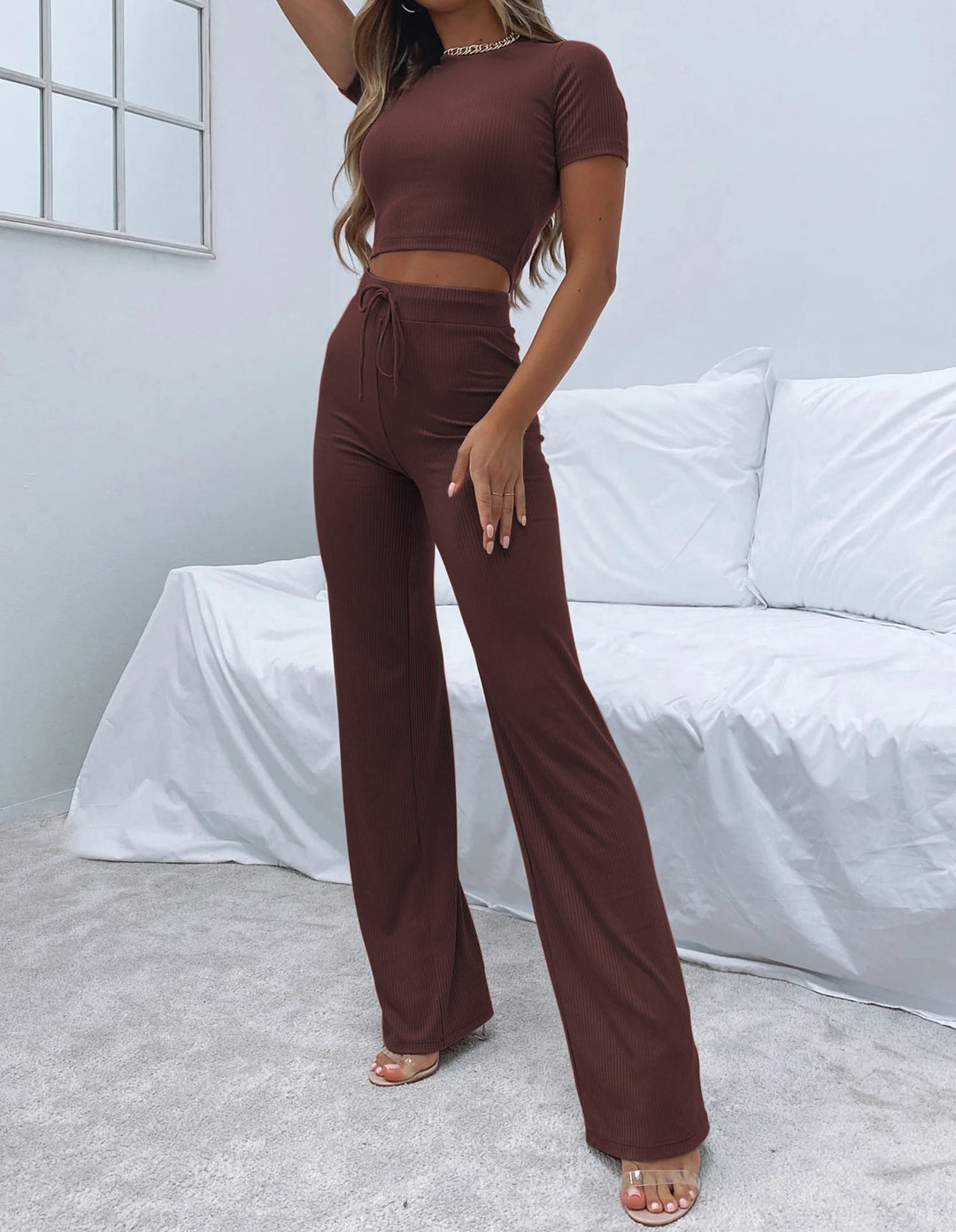 Damen Cropped Top und elegante Flared Pants Set R&B