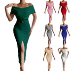 Damen Etuikleid mit schulterfreiem Design und hohem Schlitz R&B