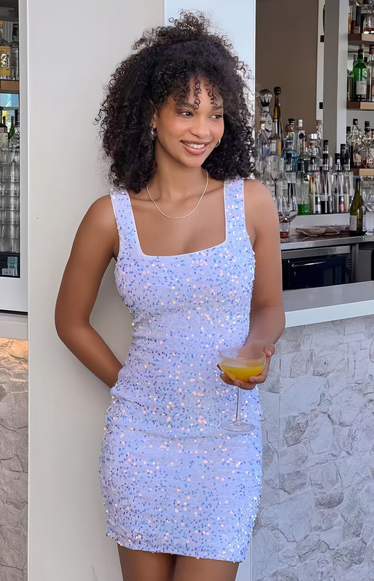 Damen figurbetontes Minikleid mit buntem Paillettenmuster und schmalem Schnitt R&B