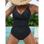 Damen eleganter Einteiler Badeanzug mit modischem Wickeldetail und schickem V-Ausschnitt R&B