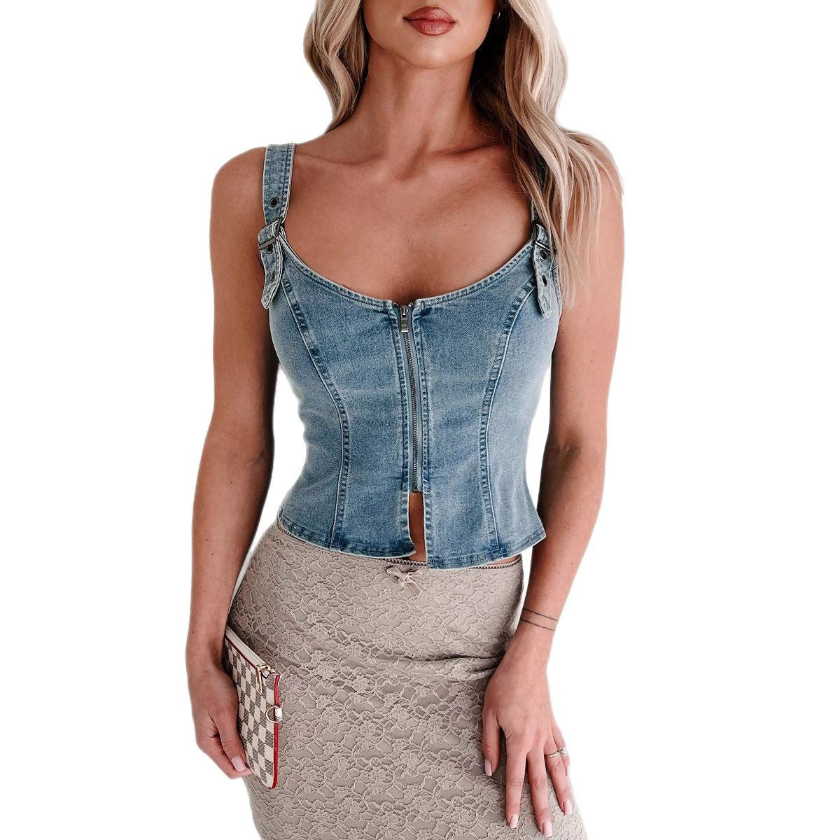 Damen Denim-Corsage mit Reißverschluss und verstellbaren Trägern R&B