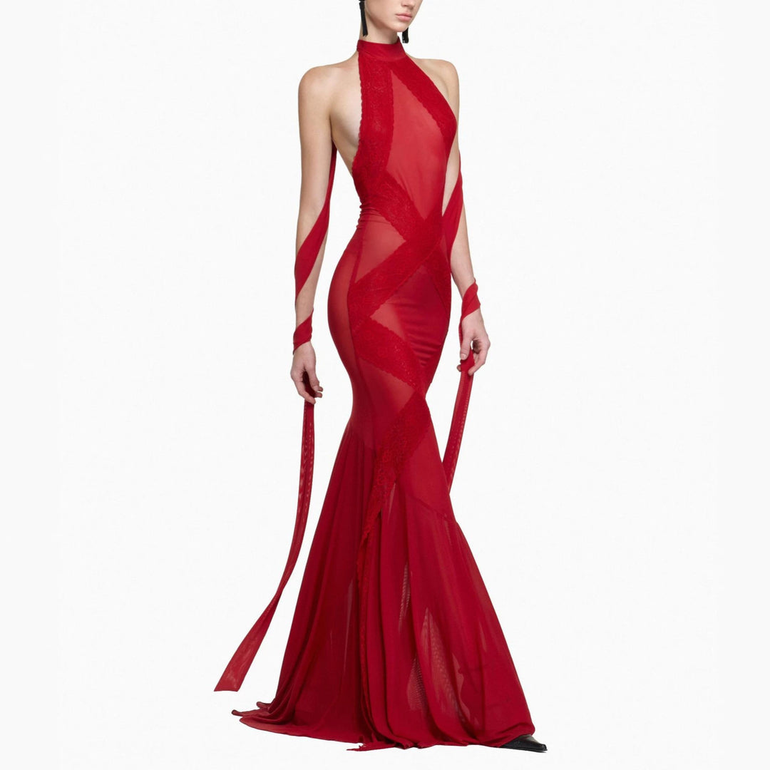 Damen Glamouröses Langarmkleid mit transparenten Einsätzen und raffinierten Drapierungen R&B