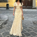 Damen Maxikleid mit romantischem Blumenmuster und verspieltem V-Ausschnitt R&B