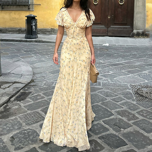 Damen Maxikleid mit romantischem Blumenmuster und verspieltem V-Ausschnitt R&B