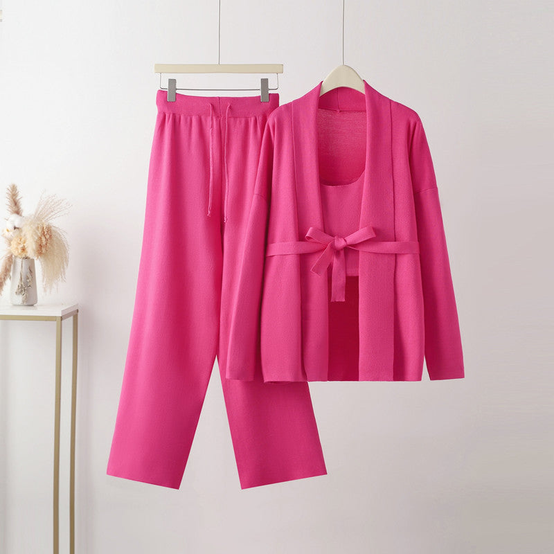 Damen gemütliches Freizeit-Loungewear-Set mit Bindegürtel und weitgeschnittenen Hosen R&B