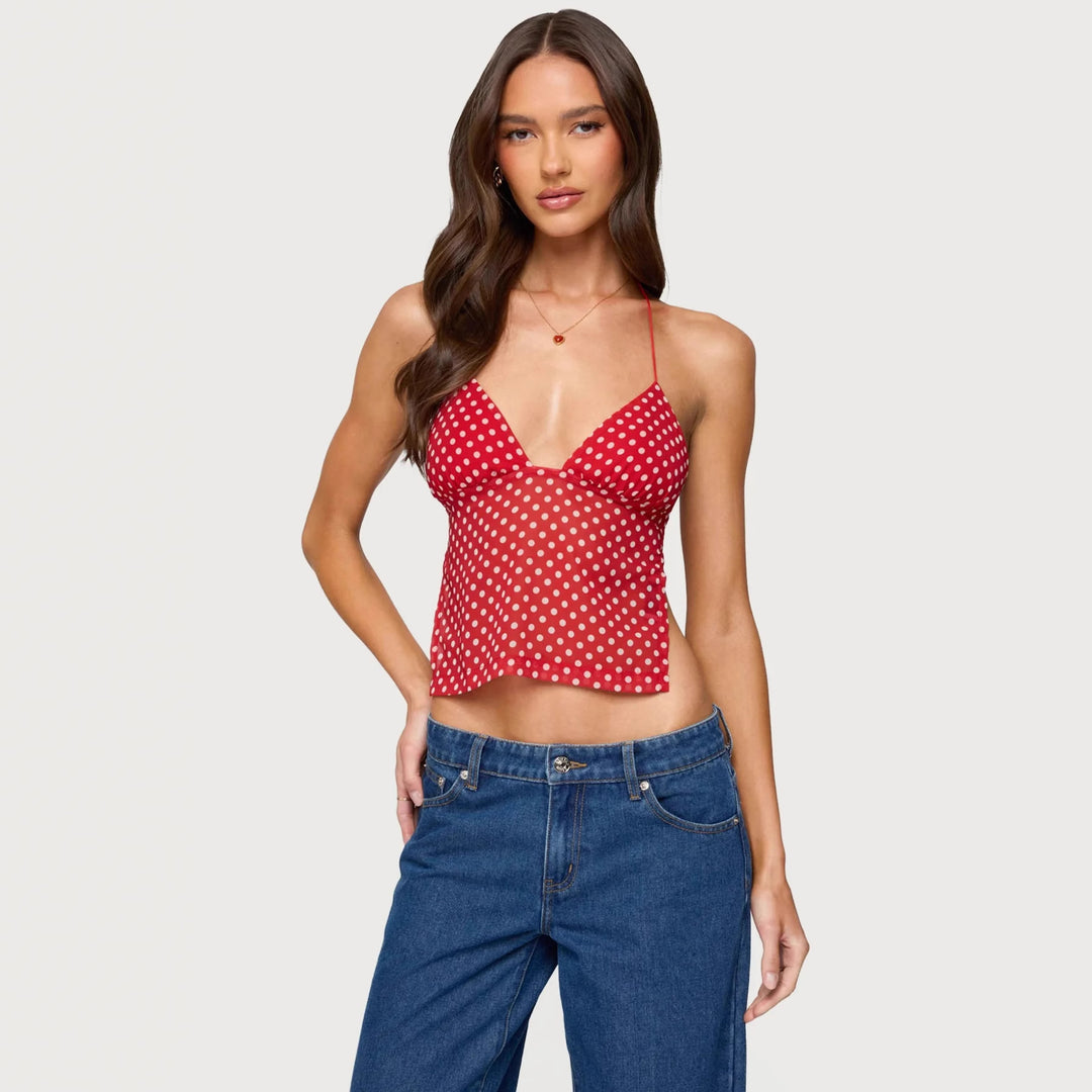 Damen Polka Dot Top mit zarten Trägern und figurbetontem Schnitt R&B