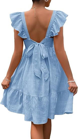 Damen luftiges Baumwollkleid mit Rüschendetails und offenen Rücken R&B