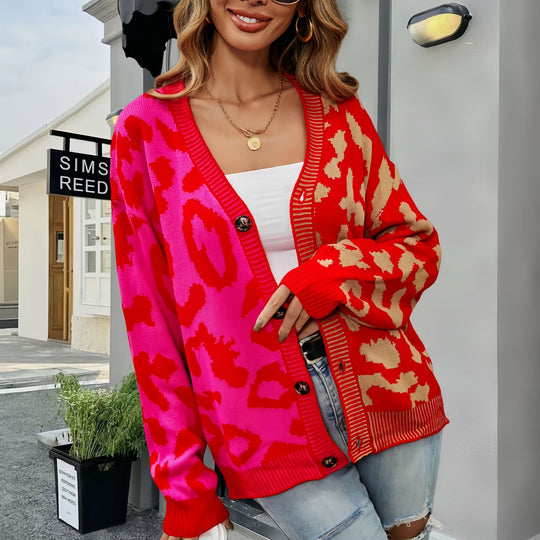 Damen Leichte Strickjacke mit farbenfrohem Leopardenmuster R&B