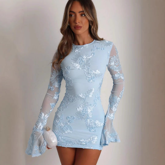 Damen Figurnahes Spitzenkleid mit floralen Applikationen und langen Ärmeln R&B