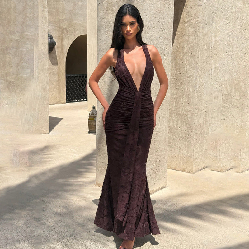 Damen Elegantes Maxikleid mit tiefem V-Ausschnitt und strukturierter Raffung R&B