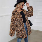Damen Flauschige Jacke mit modernem Leopardenmuster und bequemen Taschen R&B
