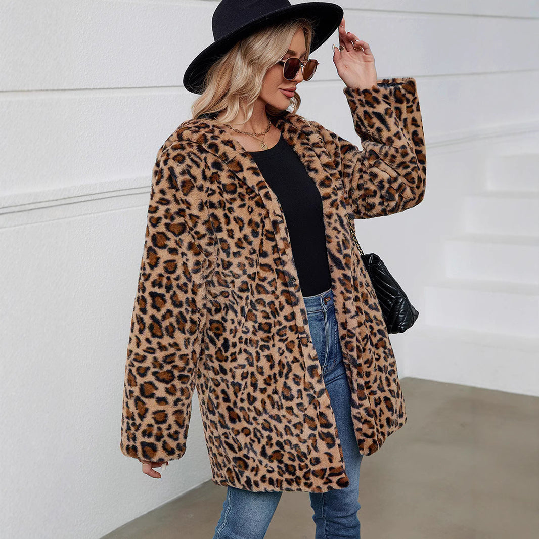 Damen Flauschige Jacke mit modernem Leopardenmuster und bequemen Taschen R&B