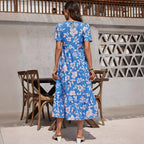 Damen nan luftiges Stufenmidikleid mit hoher Taillennaht, kurzem Ärmel und durchgehendem Blumenmuster R&B