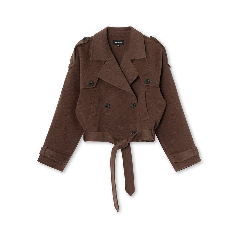 Damen Cropped Trenchjacke mit taillierbarem Gürtel und doppelt knöpfbarem Design R&B