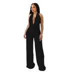 Damen Eleganter Deep-V Jumpsuit mit geschwungenem Rücken und weit geschnittenen Beinen R&B