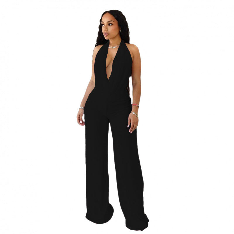 Damen Eleganter Deep-V Jumpsuit mit geschwungenem Rücken und weit geschnittenen Beinen R&B