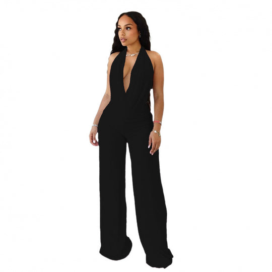Damen Eleganter Deep-V Jumpsuit mit geschwungenem Rücken und weit geschnittenen Beinen R&B