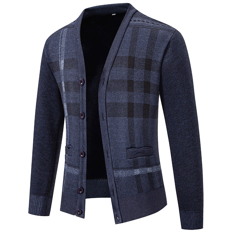 Herren stilvolle Strickjacke mit modernem Karomuster und praktischen Taschen R&B