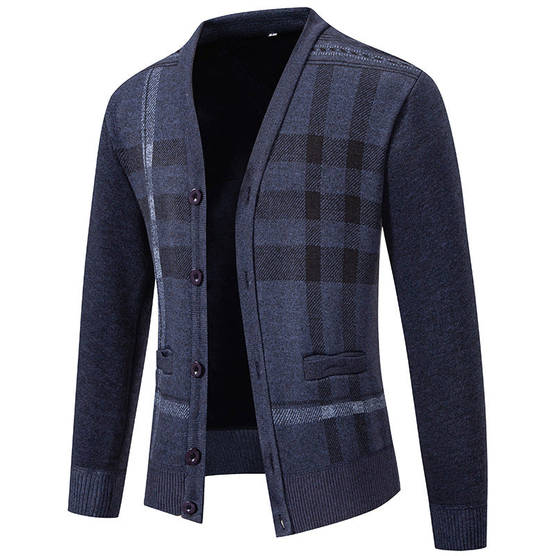Herren stilvolle Strickjacke mit modernem Karomuster und praktischen Taschen R&B