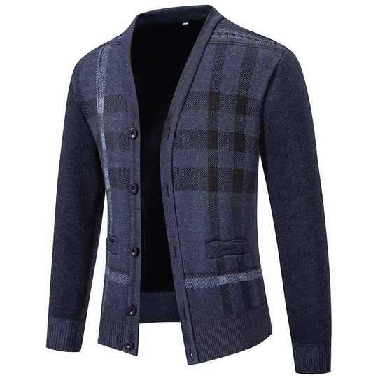 Herren stilvolle Strickjacke mit modernem Karomuster und praktischen Taschen R&B