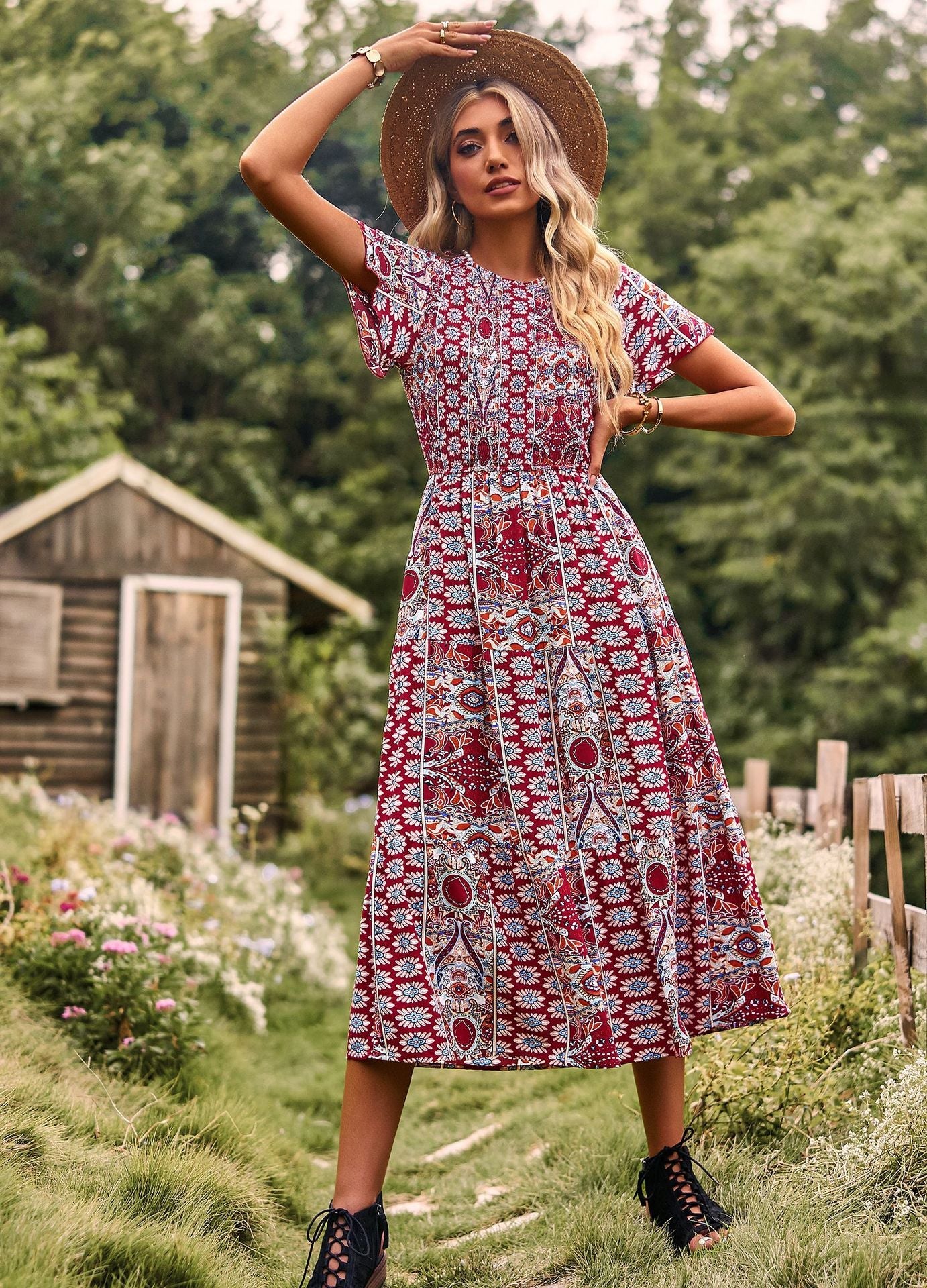 Damen Maxikleid mit floralem Muster und elastischem Tailleneinsatz R&B