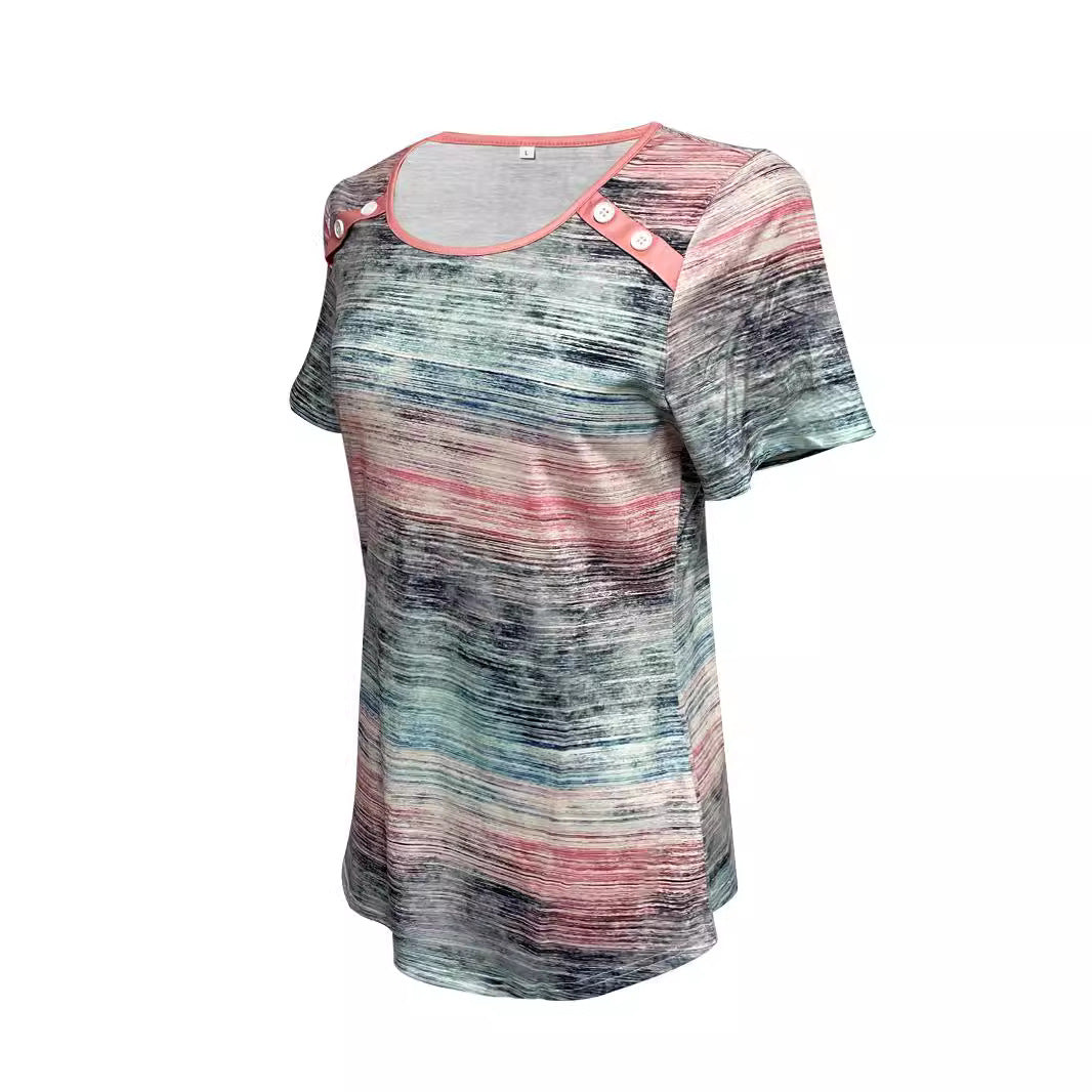 Damen nan leichtes Jersey-Longshirt mit horizontalem Pinselprint und Schulterknopfdetail R&B