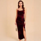 Damen Elegantes Samtmaxikleid mit anpassbarem Schlitz und raffinierter Raffung R&B