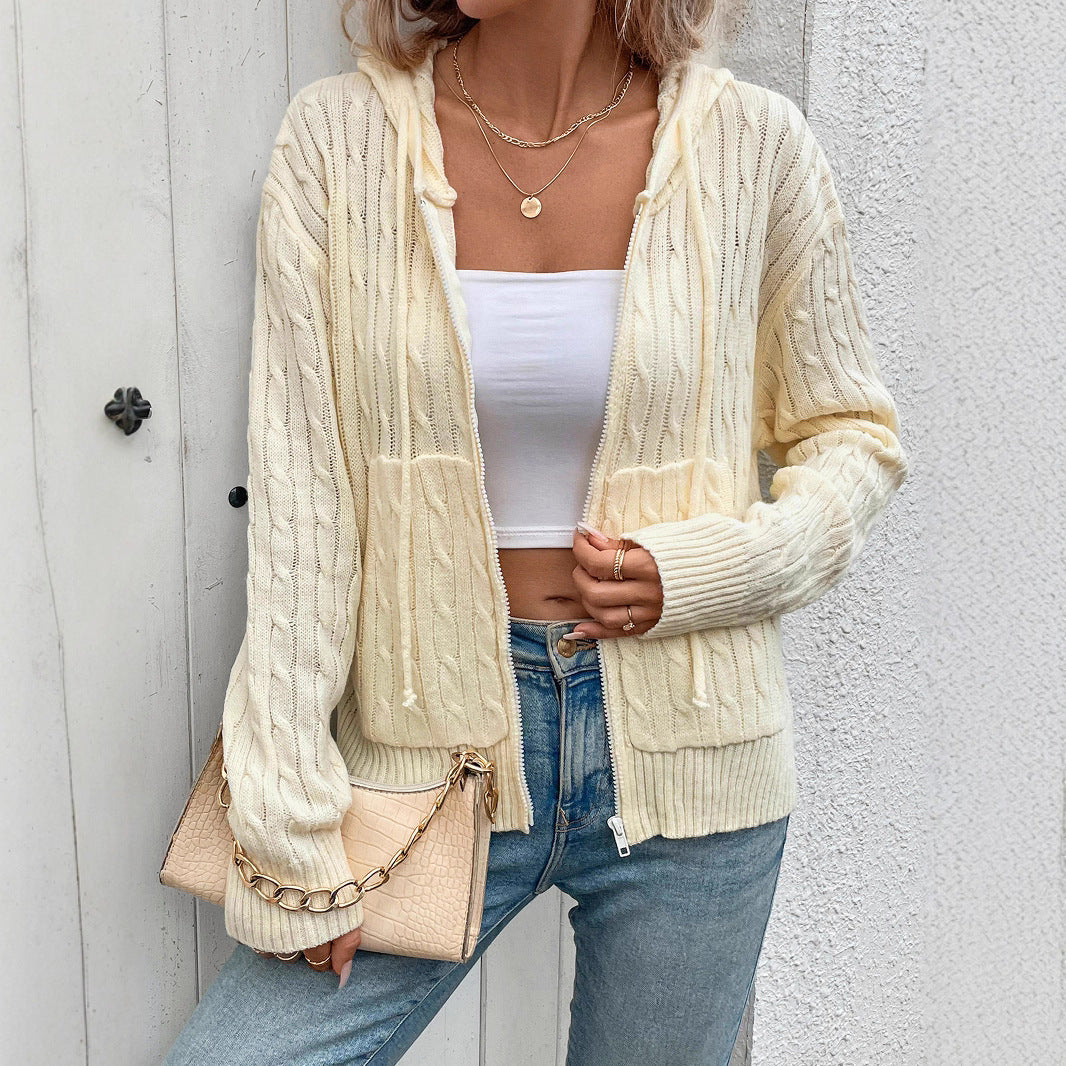 Damen gestreifte Strickjacke mit Reißverschluss und Kapuze R&B