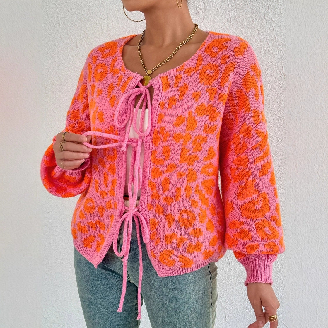 Damen Strickjacke mit einzigartigem Leopardenmuster und verstellbarem Kordelzug R&B