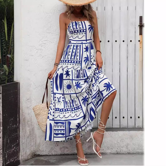 Damen Maxikleid mit angesagtem Grafikdruck und verstellbaren Spaghettiträgern R&B