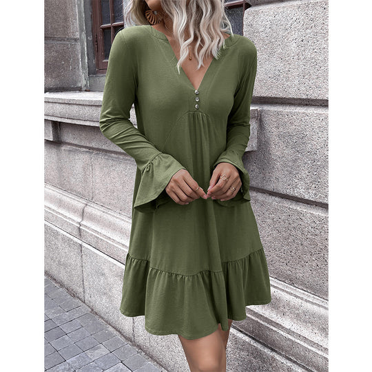 Damen lockeres Kleid mit schmeichelndem V-Ausschnitt und Glockenärmeln R&B