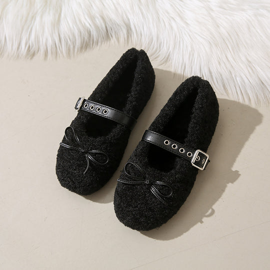 Damen Ballerinas aus kuscheligem Stoff mit verstellbarem Riemen und Schleifen-Applikation R&B