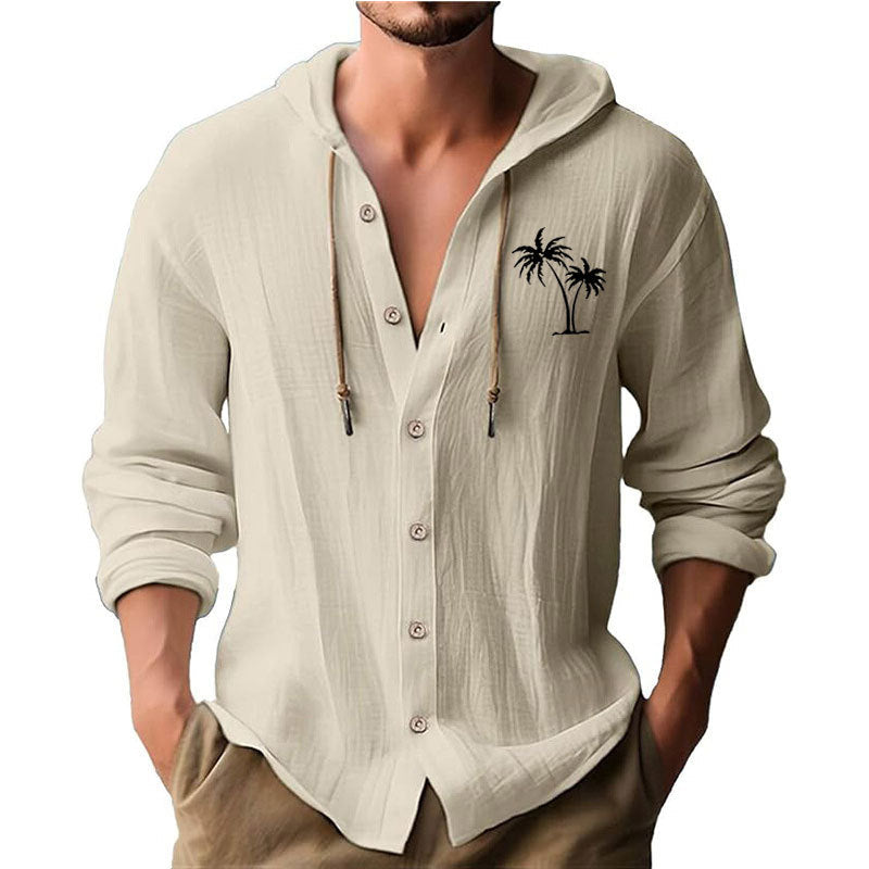 Herren lässiges Kapuzenshirt mit dekorativem Palmendruck und Knopfleiste R&B