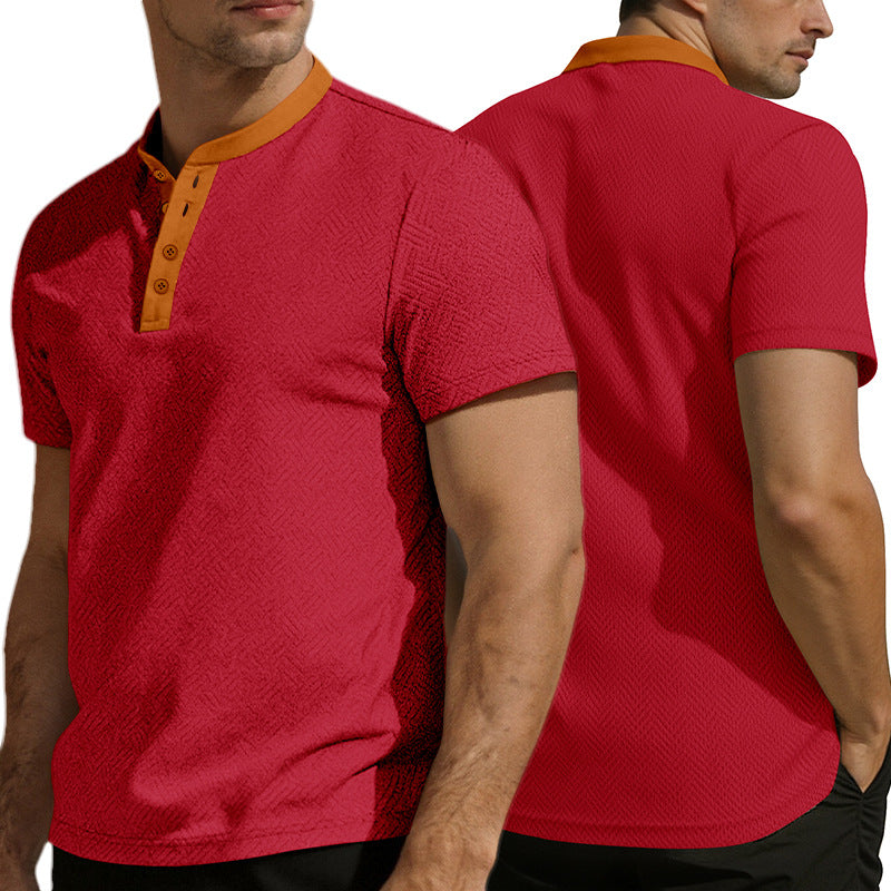 Herren nan schlankes Kurzarm-Henley-Poloshirt mit Mandarin-Kragen und feiner Jacquardstruktur R&B