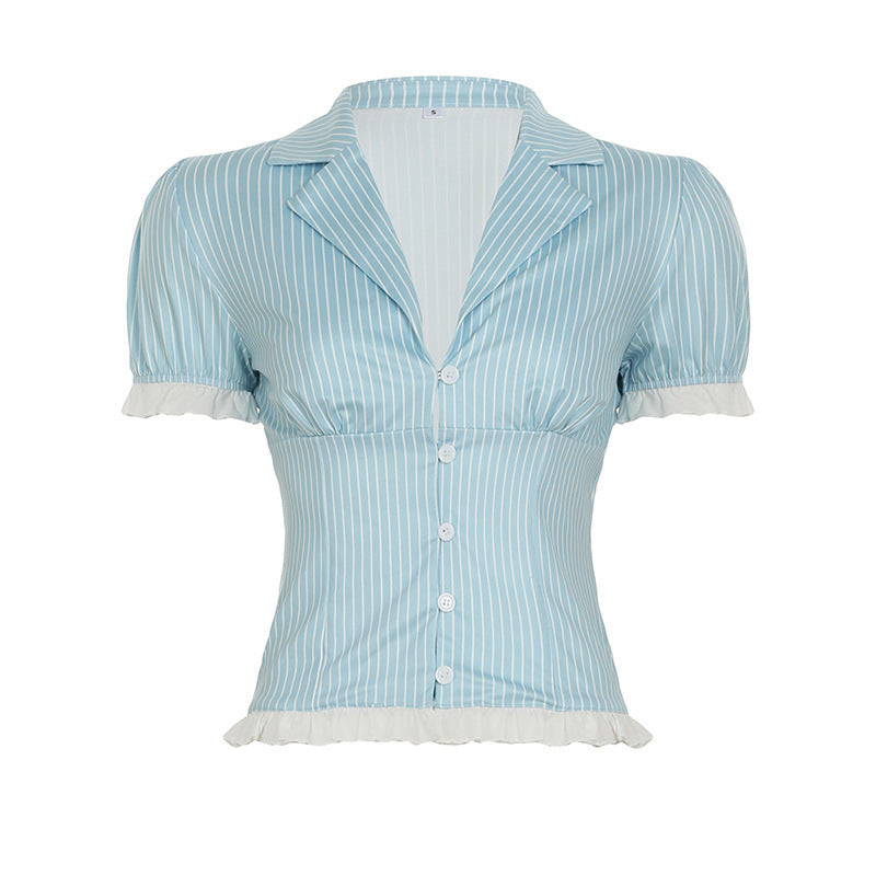 Damen Kurzes Blusenshirt mit Rüschenärmeln und Streifenmuster R&B
