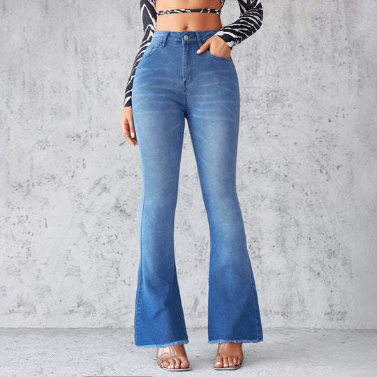 Damen Flared Jeans mit hohen Bund und ausgefranstem Saum R&B