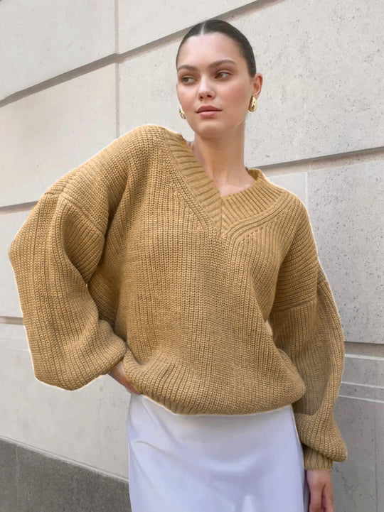 Damen V-Ausschnitt Strickpullover mit voluminösen Ärmeln und strukturierter Oberfläche R&B