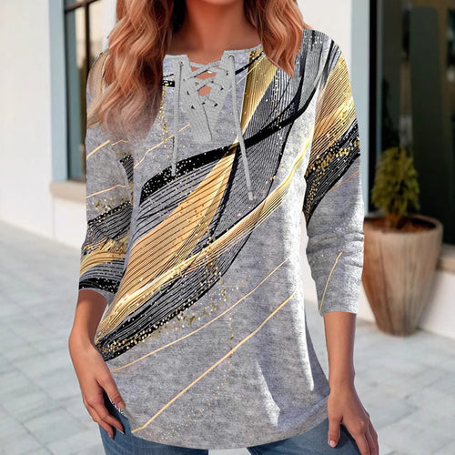 Damen nan Schnürkragen-Longshirt mit dreiviertel-Ärmeln und grafischem Metallic-Print R&B