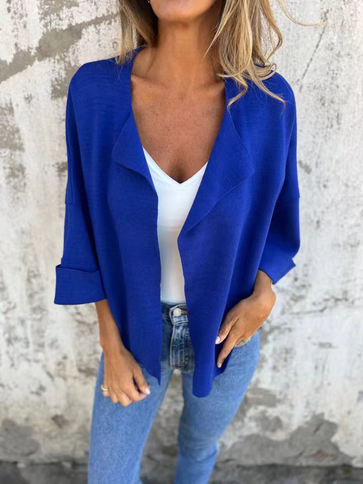 Damen nan legerer offener Strickcardigan mit Schalkragen krempelbaren Ärmeln und kastiger Silhouette R&B