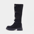 Damen Modische Overknee-Stiefel mit robustem Plateau und dekorativen Schnallen R&B