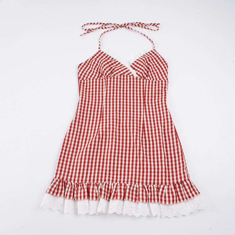 Damen Spaghetti-Trägerkleid mit verspieltem Vichy-Muster und Rüschensaum R&B