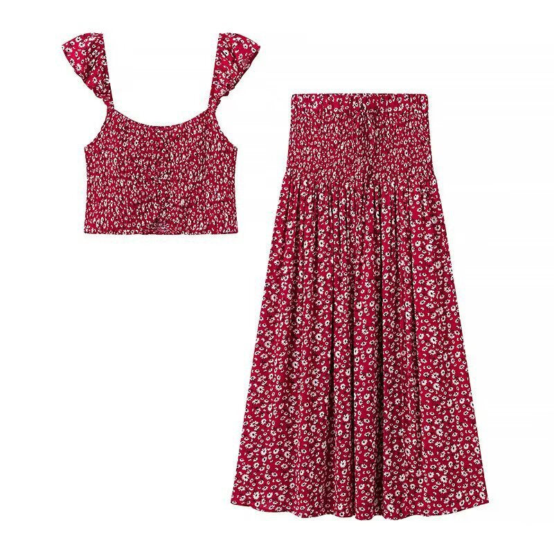 Damen Set aus Crop-Top und schwingendem Maxirock mit floralen Mustern R&B
