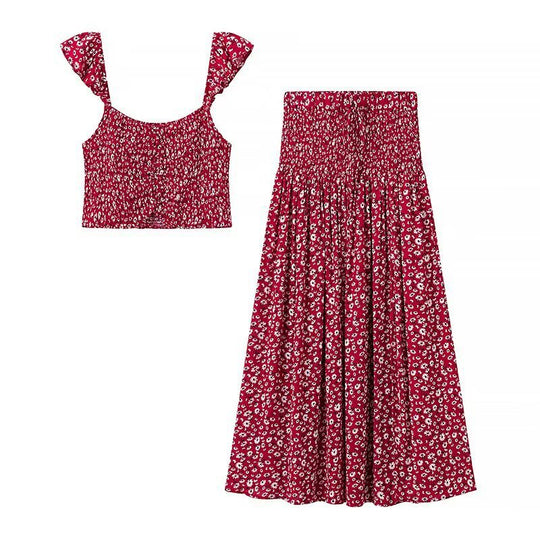 Damen Set aus Crop-Top und schwingendem Maxirock mit floralen Mustern R&B