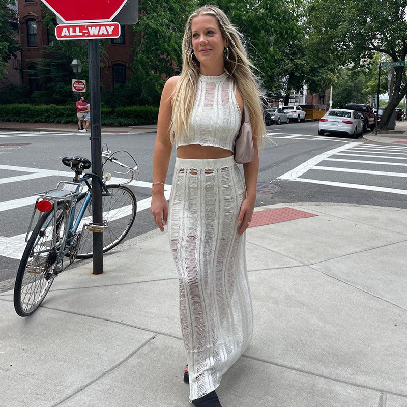 Damen gehäkeltes Crop-Top und Maxi-Rock-Set R&B