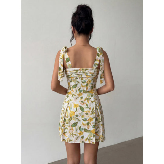 Damen Minikleid mit ärmellosen Bindeschultern und floralem Design R&B