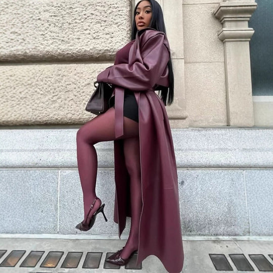 Damen elegante Kunstlederjacke mit voluminösen Ärmeln und Taillengürtel R&B
