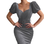 Damen figurbetontes Abendkleid mit Puffärmeln und Taillengürtel R&B
