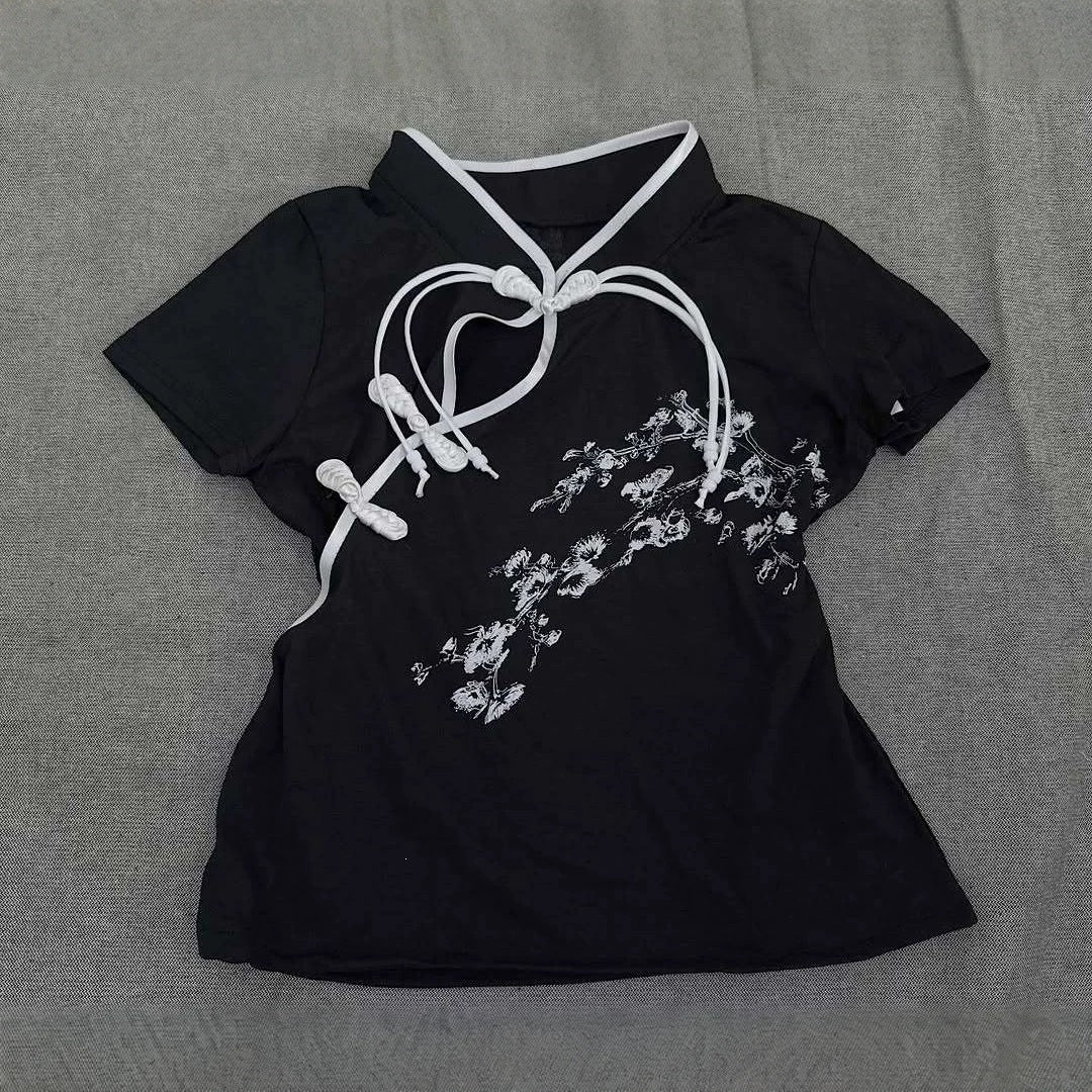Damen Modernes Chinesisches Kurzarm-T-Shirt mit kreativem Knotendesign R&B